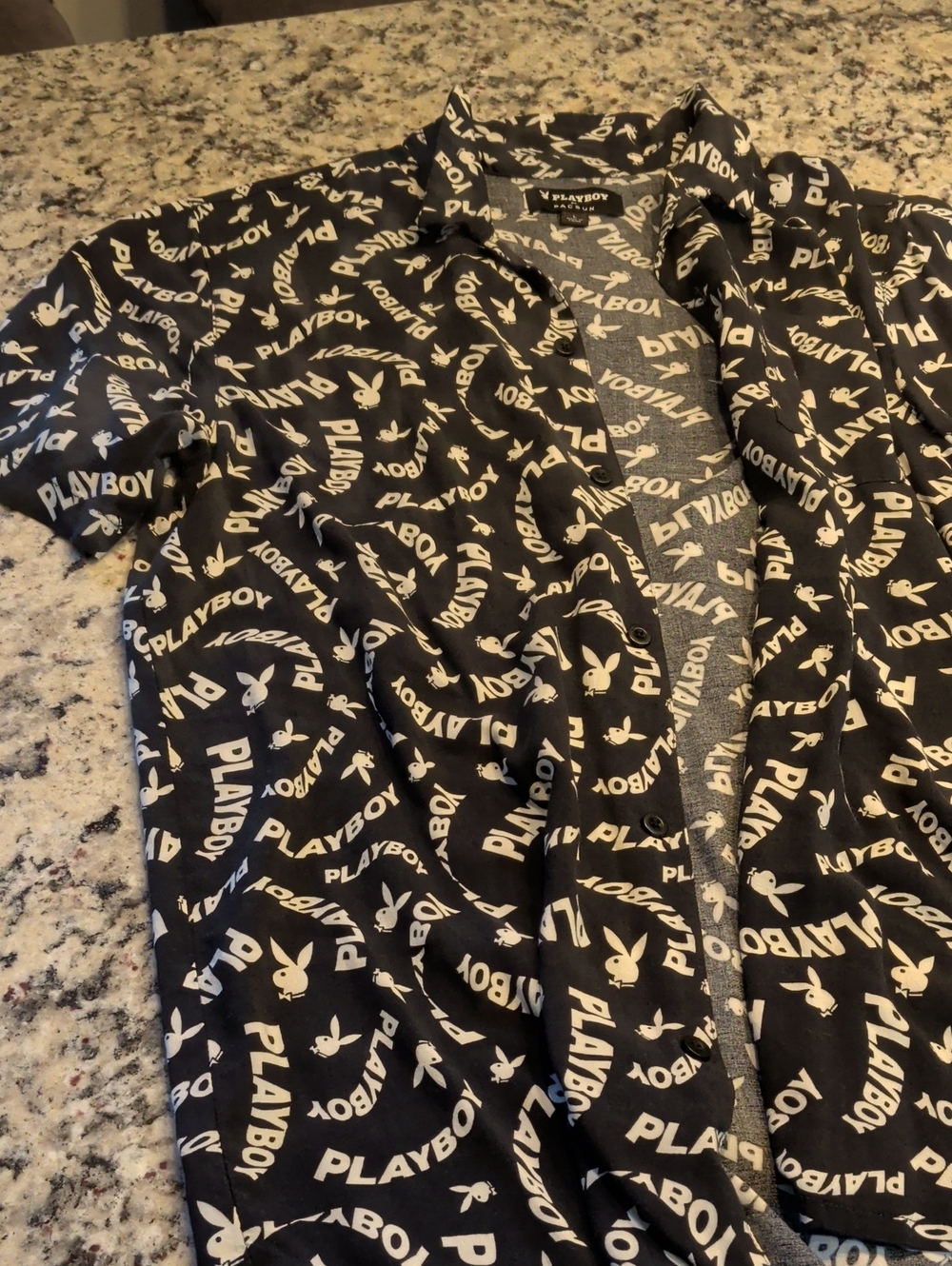 PLAYBOY Black & White All-Over Logo Short Sleeve Button-Up Shirt